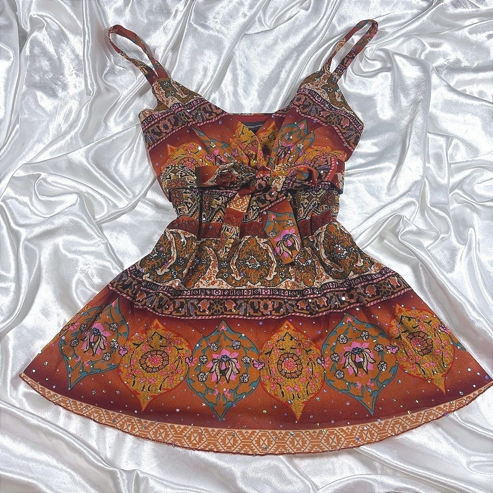 y2k Cami Top Rust Orange Excellent Rhinestone Embellished Paisley Mesh Tie Front